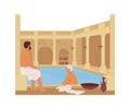 Roman thermae with columns. Ancient people of Rome in public thermal bath. Men resting, bathing and swimming in pool Royalty Free Stock Photo