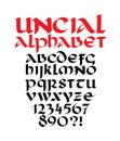 Roman uncial font. Vector. Letters and numbers in the Gothic style. Calligraphy for inscriptions. Font for tattoo, personal and co