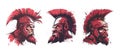 Roman warrior avatars angry man heads cartoon style vector set. Spartan soldiers ancient rome troopers red and black