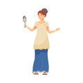 Roman Woman Wearing Long Tunic and Sandals Looking in the Mirror Vector Illustration