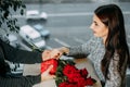 Romance background, couple in love on date, man giving roses and