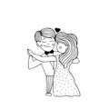 Romance banner couple dance. Love wedding heart. Vector black and white line cartoon greeting card.