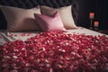 Romance bed covered with rose petals. Generate ai Royalty Free Stock Photo