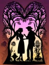 A romance couple in a beautiful garden, in shadow art, love scene, magic athmosphere, silhouette, dramatic lighting, fantasy art