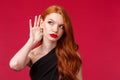 Romance, elegance, beauty and women concept. Close-up portrait of serious-looking intrigued nosy redhead woman trying to