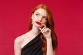 Romance, elegance, beauty and women concept. Close-up portrait of thoughful and suspicious redhead elegant woman in