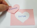 Romance love scam concept. Scammer vs victim