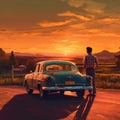 Young Couple Watching the Sunset in a Vintage Car Royalty Free Stock Photo