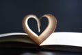 A Romance Novel. Open book close up soft focus. The pages are arranged in a heart shape on a gray background in a blur. Royalty Free Stock Photo