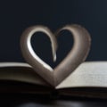 A Romance Novel. Open book close up soft focus. The pages are arranged in a heart shape on a gray background in a blur