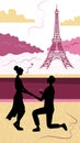 Romance In Paris Concept. Romantic Date, Man And Woman Silhouettes In Paris On Background Of Eiffel Tower. Man Making A