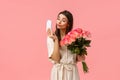 Romance, relationship and beauty concept. Tender and silly coquettish young b-day girl receiving bouquet want take Royalty Free Stock Photo