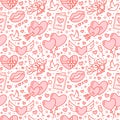 Romance seamless pattern. Love, wedding flat line icons - hearts, chocolate, kiss, Cupid, doves, valentine day card. Red