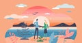 Romance sunset scene with a couple holding hands, flat tiny person vector illustration