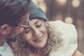 Romance and tenderness time for adult young couple together - portrait of beautiful woman and man hug and love outdoor with bokeh