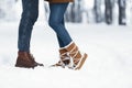 Unrecognizable Couple Standing In Snow On Winter Forest Background