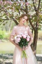 Romance woman holds bouquet of pink peonies. Bridesmade, bride