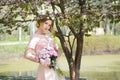 Romance woman holds bouquet of pink peonies. Bridesmade, bride