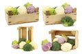 Romanesco broccoli, fresh cauliflower, purple cauliflower and green broccoli in a wooden crate Royalty Free Stock Photo