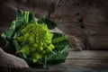 Romanesco broccoli or Roman cauliflower on a rustic wooden background with copy space, the healthy vegetable Brassica oleracea is Royalty Free Stock Photo