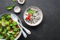 Romanesco broccoli, spinach, cherry tomatoes yellow, hot red pepper pepper salad with wild and basmati rice sauce. The Royalty Free Stock Photo