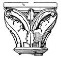 Romanesque Capital, is found in cloisters of a church, vintage engraving