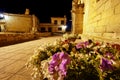 Romanesque church at night with flowerpots full of flowers. Royalty Free Stock Photo