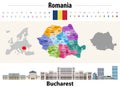 Romania countries colored by regions map. Flag of Romania. Bucharest cityscape. Vector illustration Royalty Free Stock Photo