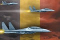 Romania air forces strike concept. Air planes attack on Romania flag background. 3d Illustration