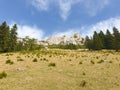 Romania, Buila Vanturarita Mountains, viewpoint to ridge of the massif from Fata Piscului Meadow.