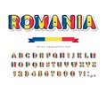 Romania cartoon font. Romanian national flag colors. Paper cutout glossy ABC letters and numbers. Bright alphabet for