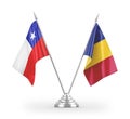 Romania and Chile table flags isolated on white 3D rendering