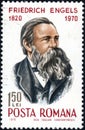 Postage stamp printed in the Romania shows portrait Friedrich Engels 1820-1895, released for the 150th anniversary. Philately.