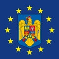 Romania coat of arms on the European Union flag Royalty Free Stock Photo