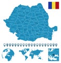 Romania - detailed blue country map with cities, regions, location on world map and globe. Infographic icons Royalty Free Stock Photo