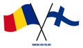 Romania and Finland Flags Crossed And Waving Flat Style. Official Proportion. Correct Colors