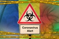 Romania flag and Covid-19 biohazard symbol with quarantine orange tape. Coronavirus or 2019-nCov virus concept
