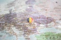 Romania flag drawing pin on the map Royalty Free Stock Photo