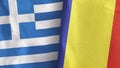 Romania and Greece two flags textile cloth 3D rendering