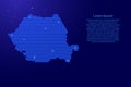 Romania map abstract schematic from blue triangles repeating pattern geometric background with nodes and space stars for banner,