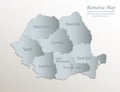 Romania map, administrative division with names, white blue card paper 3D