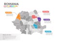 Romania map infographics vector template with regions and pointer marks