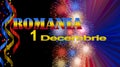 Romania National Day banner, illustration with flag colors, fireworks on black background