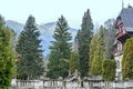 ROMANIA, SINAIA - APRIL 4, 2017: Detail from garden of the Peles Castle from Sinaia Romania, green trees Royalty Free Stock Photo