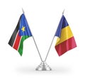 Romania and South Sudan table flags isolated on white 3D rendering