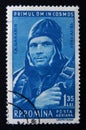 A Romania stamp shows austronaut Yury Gagarin. `World`s First Manned Space Flight` issue. Circa 1961