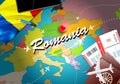 Romania travel concept map background with planes,tickets. Visit Romania travel and tourism destination concept. Romania flag on