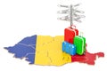 Romania travel concept. Romanian map with suitcases and signpost