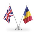 Romania and United Kingdom table flags isolated on white 3D rendering