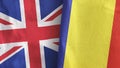 Romania and United Kingdom two flags textile cloth 3D rendering